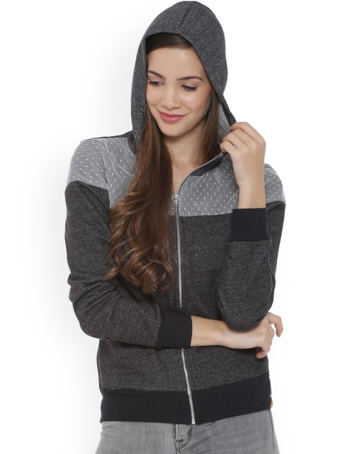 

Campus Sutra Women Charcoal Colourblocked Hooded Sweatshirt