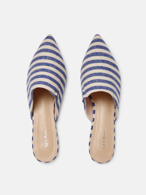 

Mast & Harbour Women White & Blue Striped Canvas Mules