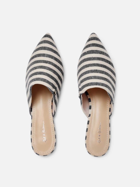 

Mast & Harbour Women White & Black Striped Canvas Mules