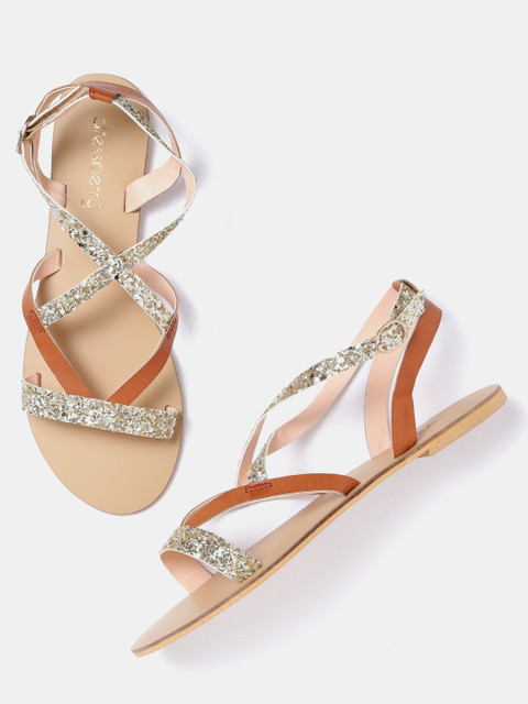 

DressBerry Women Gold-Toned & Brown Colourblocked Open Toe Flats