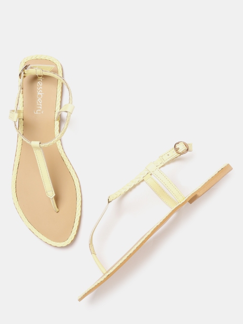 

DressBerry Women Yellow Braided T-Strap Flats