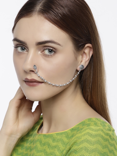 

Zaveri Pearls Silver-Toned Nose Pin Chain with Earrings