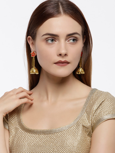 

Zaveri Pearls Women Gold-Toned & Red Dome Shaped Jhumkas
