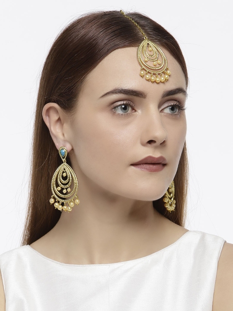 

Zaveri Pearls Gold-Toned Traditional Earring & Maang Tika Jewellery Set