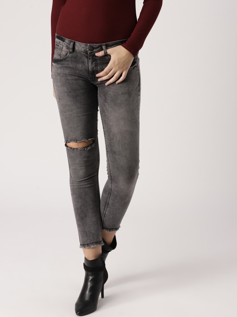 

Ms.Taken Women Charcoal Grey Skinny Fit Mid-Rise Low Distress Stretchable Cropped Jeans