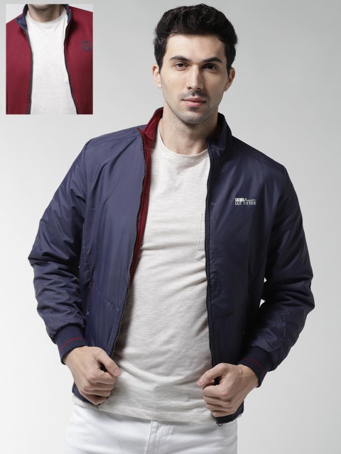 

Fort Collins Men Navy & Maroon Solid Reversible Bomber Jacket, Navy blue