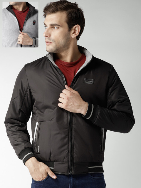 

Fort Collins Men Black & Grey Melange Solid Reversible Bomber Jacket