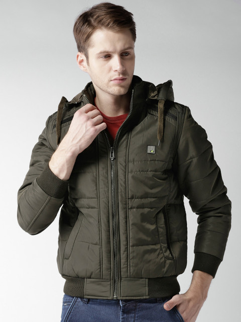 

Fort Collins Men Olive Green Solid Hooded Bomber Jacket