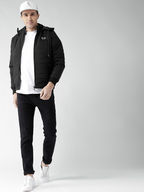 

Fort Collins Men Black Solid Hooded Bomber Jacket