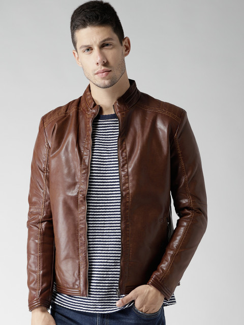 

Fort Collins Men Brown Solid Biker Jacket