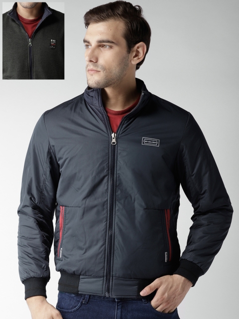 

Fort Collins Men Navy Blue Solid Reversible Bomber Jacket