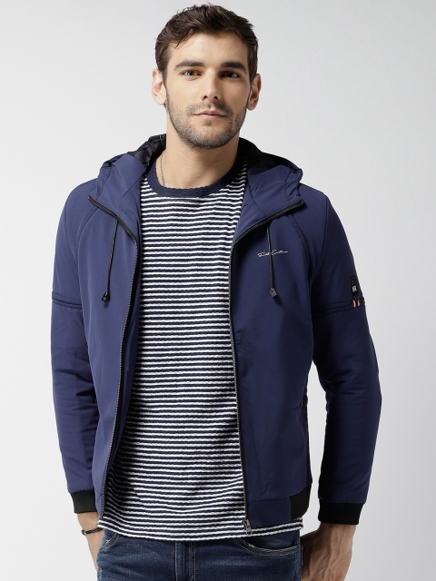 

Fort Collins Men Blue Solid Hooded Bomber Jacket