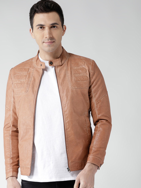

Fort Collins Men Beige Solid Biker Jacket