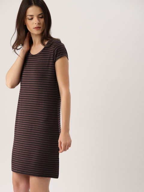 

Ms.Taken Women Burgundy & Black Striped T-Shirt Dress