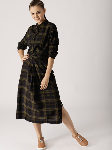 

Ms.Taken Women Olive Green & Black Checked Shirt Dress