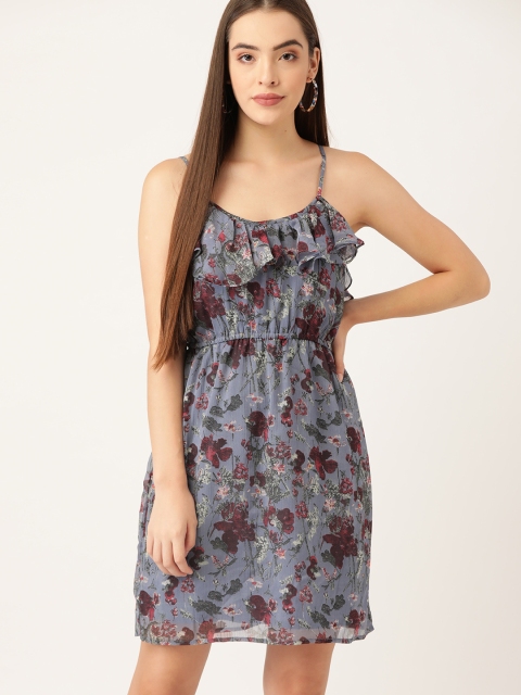 

Ms Taken Blue & Maroon Floral Printed A-Line Dress