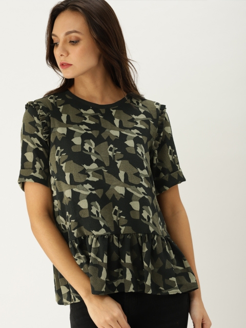 

Ms.Taken Women Olive Green Printed Peplum Top
