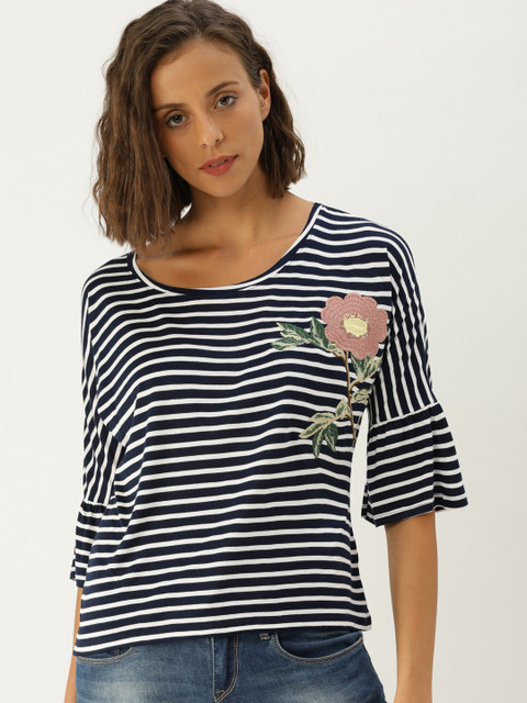 

Ms.Taken Women Navy Blue & White Striped Pure Cotton Top