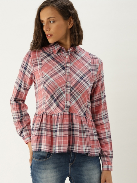 

Ms.Taken Women Pink & Navy Blue Checked Shirt Style Top