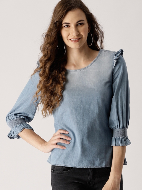 

Ms.Taken Women Blue Dyed Chambray A-Line Pure Cotton Top