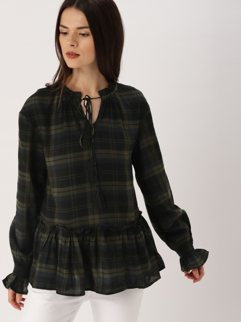 

Ms.Taken Women Olive Green Checked A-Line Top