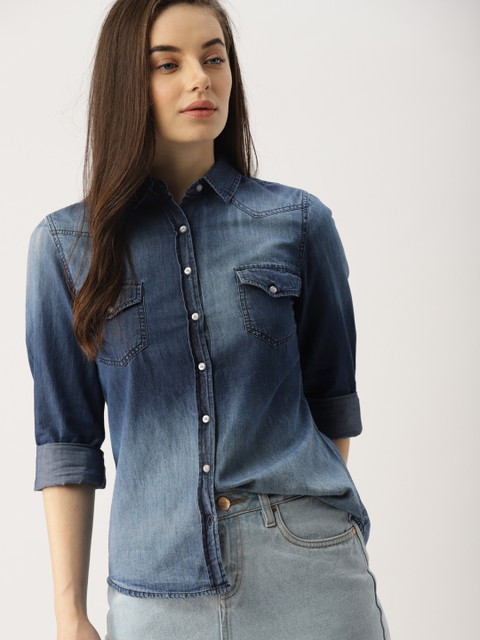 

Ms.Taken by Kriti Sanon Women Blue Regular Fit Faded Denim Casual Shirt