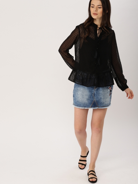 

Ms.Taken by Kriti Sanon Women Black Self Design Semi Sheer Shirt Style Top