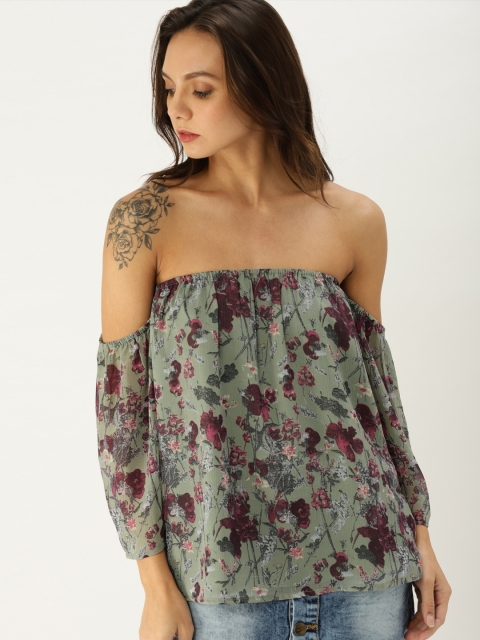 

Ms.Taken Women Olive Green Printed Bardot Top
