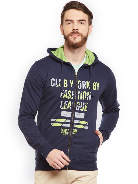 

Club York Men Navy Blue & Grey Printed Hooded Sweatshirt