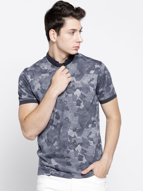 

Octave Men Navy Blue Camouflage Print Mandarin Collar T-shirt