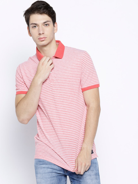 

Octave Men Coral Red Striped Polo Collar T-shirt