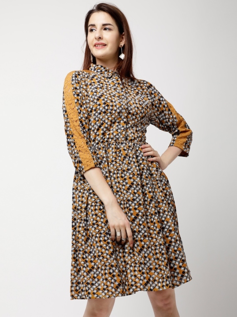 

Tokyo Talkies Women Mustard Printed Fit and Flare Dress
