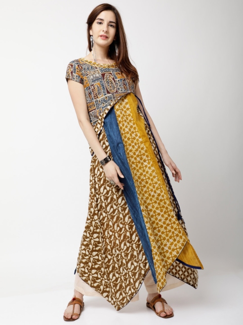 

Vishudh Women Blue & Mustard Printed Anarkali Kurta