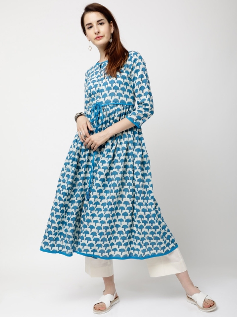 

Vishudh Women Cream-Coloured & Blue Printed Anarkali Kurta