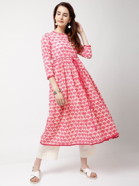 

Vishudh Women Cream-Coloured & Pink Printed Anarkali Kurta
