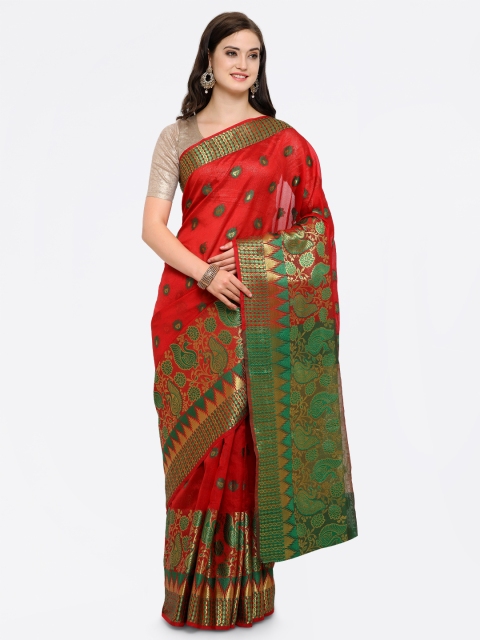 

Satrani Red & Green Silk Blend Woven Design Chanderi Saree