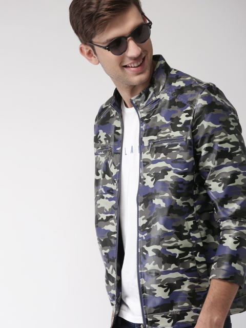 

Mast & Harbour Men Blue &Grey Camouflage Printed Tailored Jacket