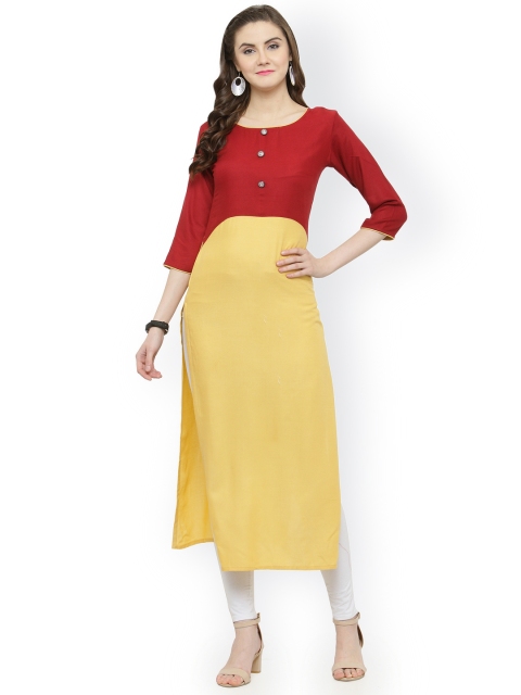 

Shaily Women Beige and maroon Colourblocked Straight Kurta