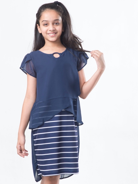 

Natilene Girls Navy Blue Striped A-Line Dress