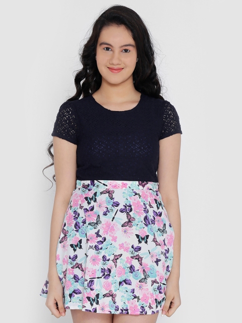 

Natilene Girls Navy Blue & Pink Printed Fit and Flare Dress