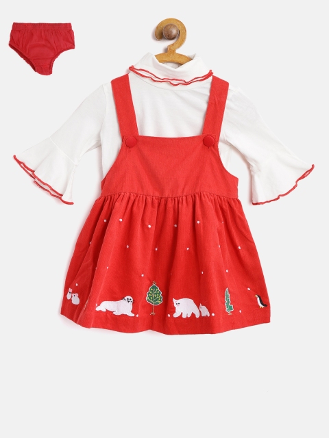 

Nauti Nati Girls Red Solid Corduroy Pinafore Dress with Embellished & Applique Detail