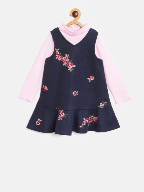 

Nauti Nati Girls Navy Blue & Pink Embroidered Drop-Waist Dress with High-Neck T-shirt