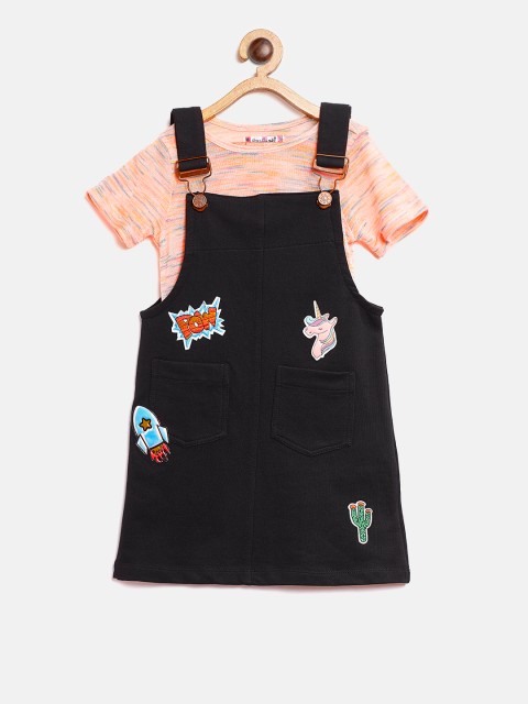 

Nauti Nati Girls Black Solid Pinafore Dress with T-shirt