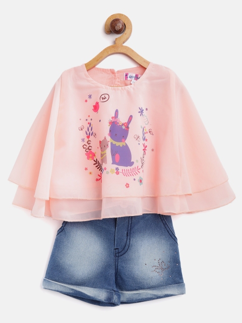 

Nauti Nati Girls Peach-Coloured & Blue Printed Top with Denim Shorts