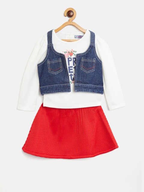 

Nauti Nati Girls Off-White & Red Printed Top with Skirt & Denim Waistcoat