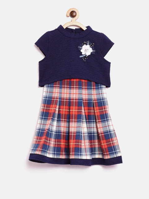 

Nauti Nati Girls Navy Blue & Red Checked Layered A-Line Dress