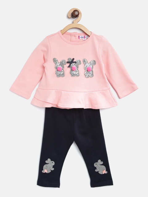 

Nauti Nati Girls Pink & Navy Blue Embellished Applique Peplum Top with Leggings