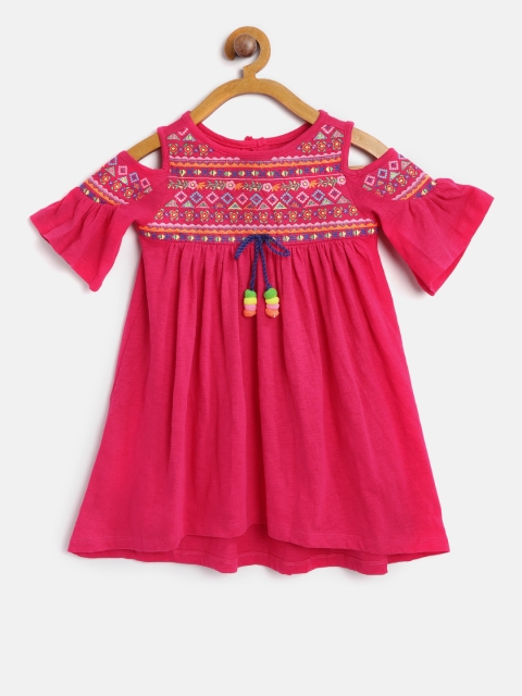 

Nauti Nati Girls Pink Embroidered A-Line Dress with Cold-Shoulder Detail