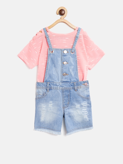 

Nauti Nati Girls Peach-Coloured & Blue Self Design Top with Dungarees