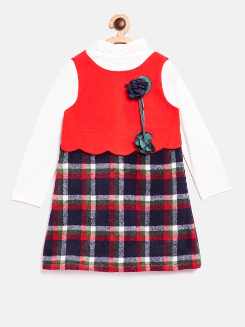 

Nauti Nati Girls Red & Navy Blue Checked A-Line Dress with T-shirt